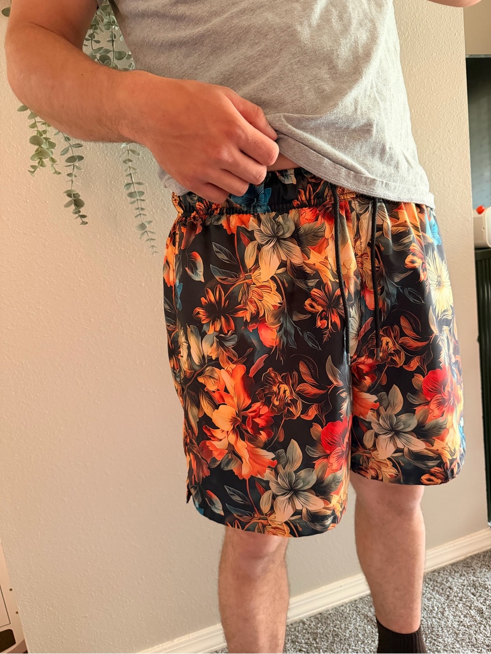 Nike Black Swim Shorts with Orange & Red Floral Trim